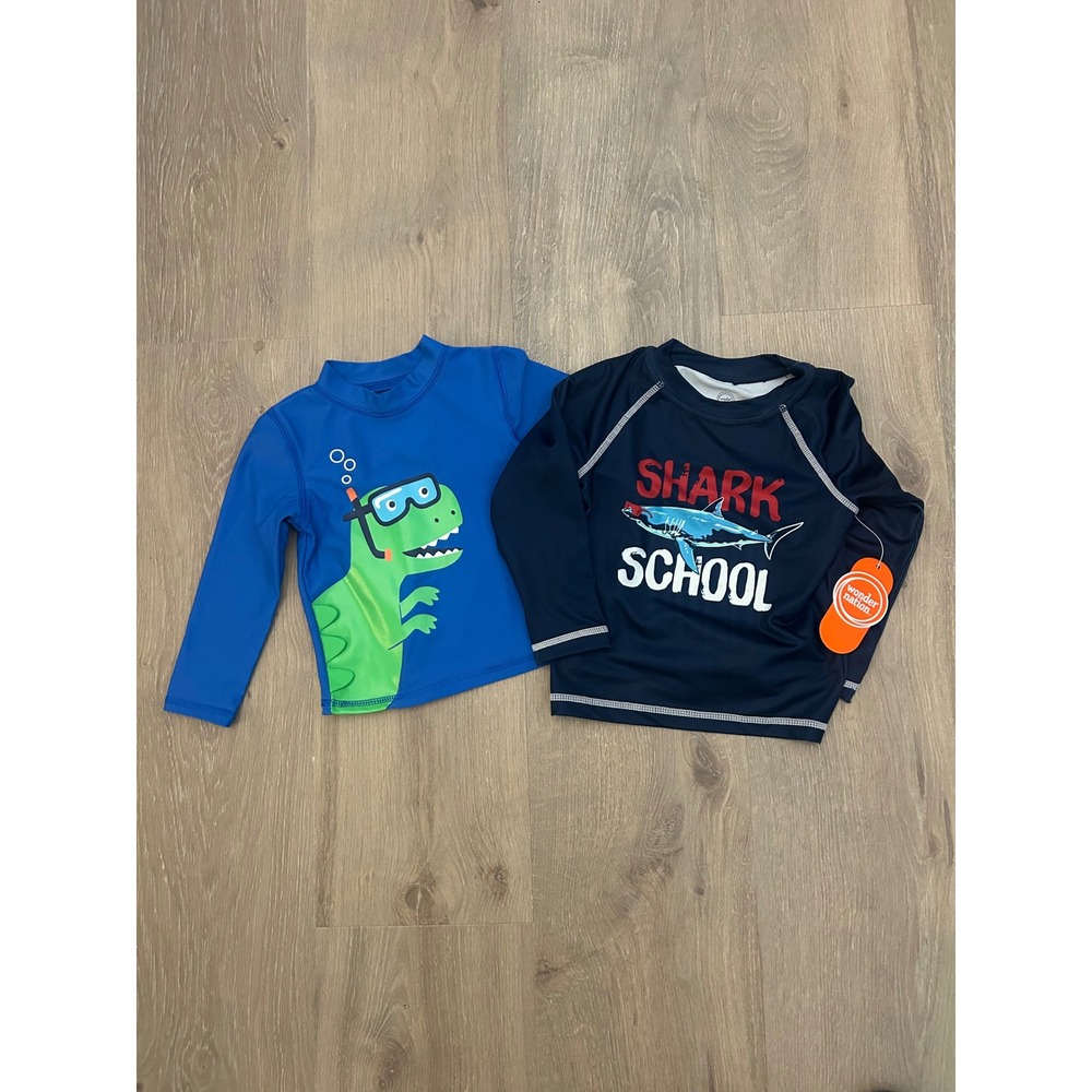 NWT Bundle of 2 Baby Boys Rash Guard Shirts Size 18 Months Shark Dino Swim Tops